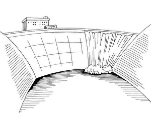 Hydropower Prints: Dam hydropower river graphic black white landscape sketch illustration vector