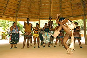 Lively Prints: Dancers representing various South African tribes dancing in the cultural village at Sun Cty in South Africa