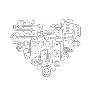 Layered Prints: Dark grey line art isolated on a white background Musical Heart vector illustration
