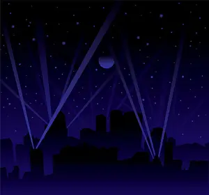 Beam Prints: Dark night with large moon and stars with searchlight and city skyline