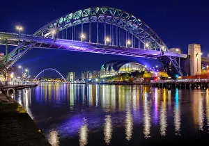 City Lights Prints: After dark river Tyne bridges between Newcastle Gateshead spanned by the Tyne Bridge