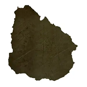 Silhouetted Prints: Dark silhouetted and textured map of Uruguay isolated on white background