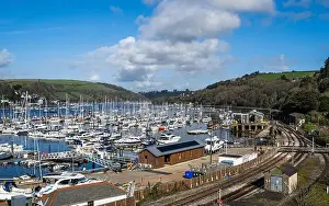 River Dart Prints: Darthaven Marina and Kingswear Railway Line over River Dart, Devon, England, Europe