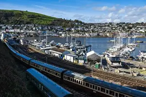 River Dart Prints: Darthaven Marina and Kingswear Railway Line over River Dart, Devon, England, Europe