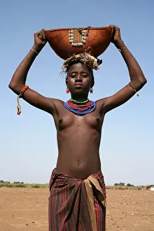 Villager Prints: Dassanech Tribe Girl Holding Traditional Gourd, Omorate, Omo Valley, Ethiopia