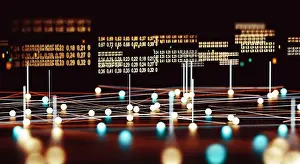 Binary Prints: Data volume analysis and computer science industry.3d illustration