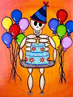 Day Of The Dead Prints: Day of the Dead image; photographic illustration; a male skeleton celebrating a birthday
