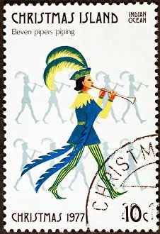 Postage Stamp Prints: Twelve days of Christmas - 11 pipers piping on postage stamp of Christmas Island