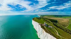 Eastbourne Prints: A daytime aerial drone view of the Seven Sisters cliffs on the East Sussex coast, UK