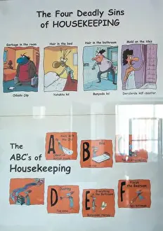 Housekeeping Prints: Four deadly sins of housekeeping poster on the wall in a Turkish hotel with housekeeping rules and reminders