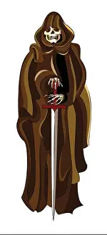 Fatal Prints: The death angel dressed in a brown raincoat holds a sword