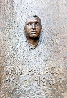 Heroism Prints: Death mask of Jan Palach Prague, Palach Square Czech Republic. Memorial bust