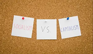 Pinned Prints: Debate between socialism and capitalism regarding national politics suggested by [inned notes on a board concept