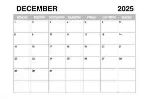 Memo Prints: December 2025 Monthly Calendar Planner Template on a white background. 3d Rendering
