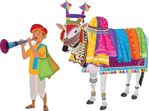 Pongal Prints: Decorated Ox, Indian decorated Ox and folk man with playing musical instrument
