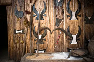 Indigenous Culture Prints: Decorated wall of a Naga tribal hut, Kohima, Nagaland, India