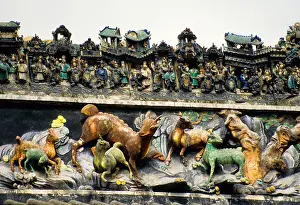Guangdong Prints: Decoration on roof of Chen Clan Academy ancestral hall housing the Guangdong Folk Art Museum in Guangzhou