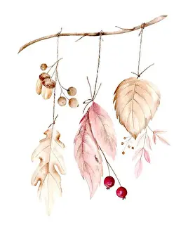 Autumn Leaves Prints: Decorative fall leaves, berries and acorns on a twig on a white background