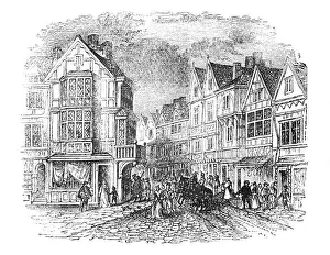 City Of London Prints: Decorative half timbered houses in a 16th Century Southwark street scene