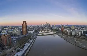 Reflex Prints: defaultAerial panoramic picture of Frankfurt skyline with river Main with colorful sky during sunrise in winter