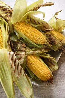 Dainty Prints: Delicate, juicy corn on the cob in husk cooked grilled