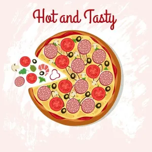 Tasty Prints: Delicious pizza on table with pizza ingredients