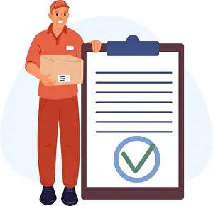 Approval Prints: Delivery service courier in red uniform with cardboard box and clipboard with completion mark