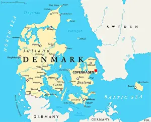Jutland Prints: Denmark Political Map with capital Copenhagen