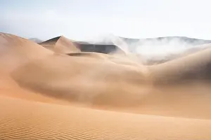 Abu Dhabi Prints: Dense fog covering desert landscape early winter morning