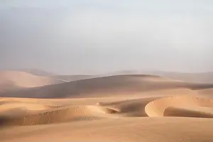 Dense fog covering desert landscape early winter morning. Liwa desert, Abu Dhabi, United Arab Emirates
