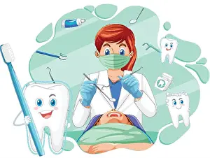 Jolly Prints: Dentist woman examining patient teeth on white background illustration