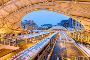 DENVER, COLORADO - MARCH 13, 2019: Trains out of service at Union Station after the Bomb Cyclone winter weather event. The central portion of the st