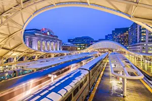 DENVER, COLORADO - MARCH 13, 2019: Trains out of service at Union Station after the Bomb Cyclone winter weather event. The central portion of the st