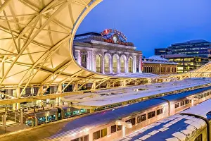 DENVER, COLORADO - MARCH 13, 2019: Trains out of service at Union Station after the Bomb Cyclone winter weather event. The central portion of the st
