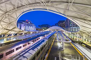 DENVER, COLORADO - MARCH 13, 2019: Trains out of service at Union Station after the Bomb Cyclone winter weather event. The central portion of the st