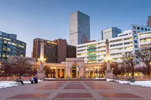 Denver, Colorado, USA downtown cityscape in Civic Center park at dusk