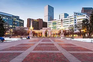 Denver, Colorado, USA downtown cityscape in Civic Center park at dusk