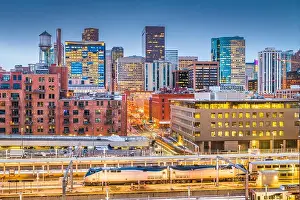 Denver, Colorado, USA downtown cityscape over the train station at twilight