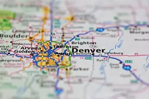 Denver Colorado USA and surrounding areas Shown on a road map or Geography map