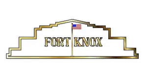 Drawing Art Prints: Depiction of Fork Knox in golden outline and isolated on white