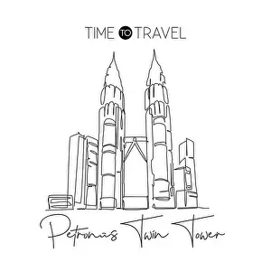 Wall Decor Prints: Depok, Indonesia - August 6, 2019: One single line drawing Petronas Twin Tower landmark