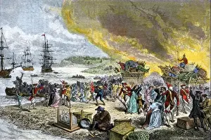 Deportation Prints: Deportation of the French Acadians by the British 1755. Hand-colored woodcut