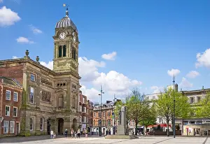 Derbyshire Prints: Derby Guildhall theatre and War memorial in the Market Place Derby city centre Derbyshire England UK GB Europe