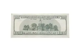 Back design of hundred dollar banknote, isolated on white with clipping path