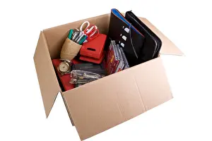 Sack Prints: Desk contents in a cardboard box