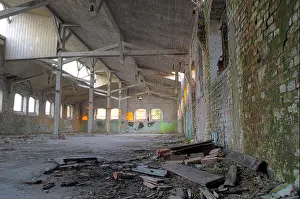 Ward Prints: Destroyed warehouse – part of ruined factory hall. Forgotten industrial building