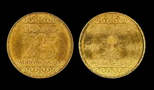 Riyal Prints: Detailed close-up of a Saudi Arabia riyal coin featuring 25 halalas