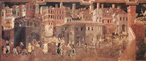 Harmonious Prints: This detailed section of Ambrogio Lorenzetti's Effects of Good Government on the City Life illustrates the positive