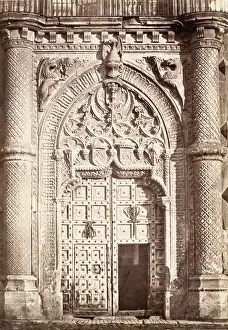 Mendoza Prints: A detailed view of the architectural portal of Mendoza Palace in Guadalajara