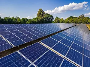 Solar Panels Prints: Details of solar panels of a solar power plant in a rural area as an aerial view with the drone